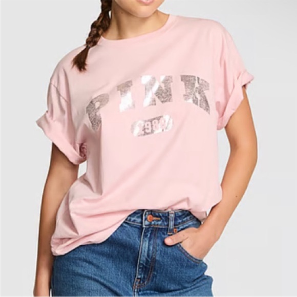 PINK Victoria's Secret Tops - PINK Victoria's Secret Light Pink Campus Tee graphic silver foil off shoulder M